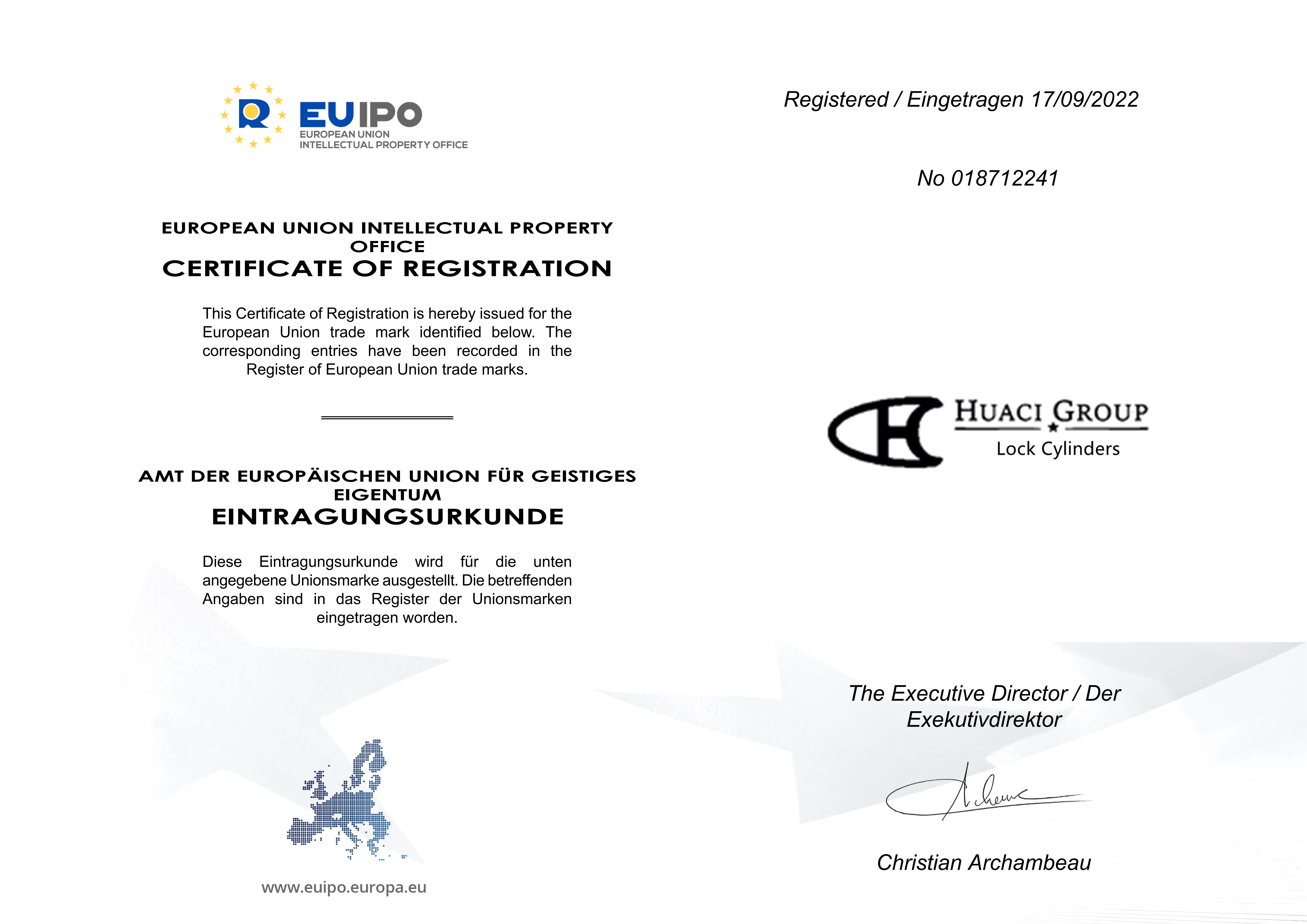 HUACI Lock Cylinders trademark register